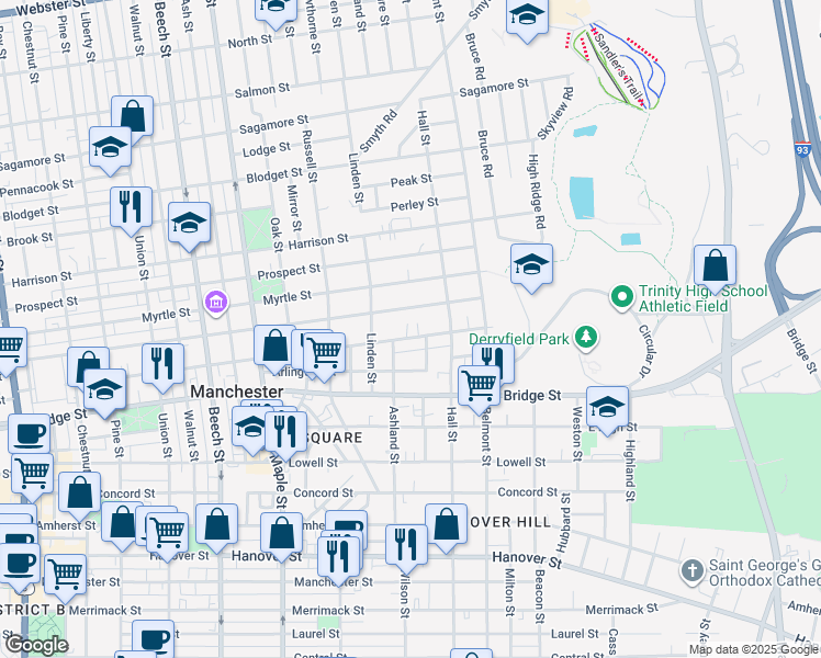 map of restaurants, bars, coffee shops, grocery stores, and more near 340 Pearl Street in Manchester