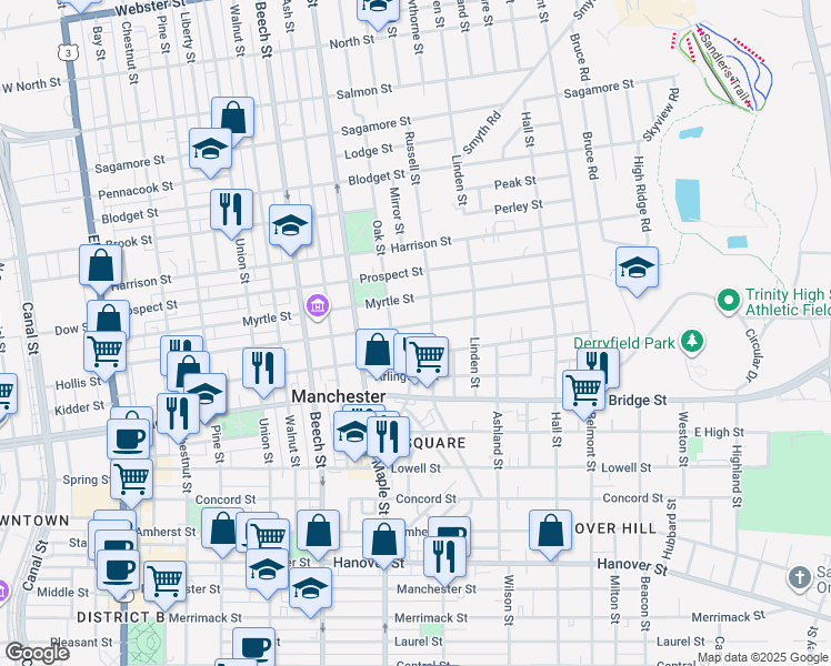 map of restaurants, bars, coffee shops, grocery stores, and more near 17 Oak Street in Manchester
