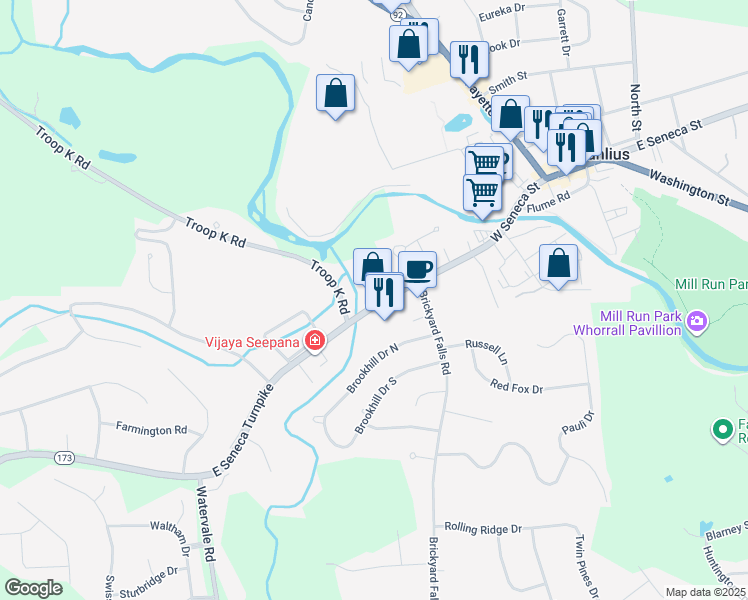 map of restaurants, bars, coffee shops, grocery stores, and more near 185 West Seneca Street in Manlius