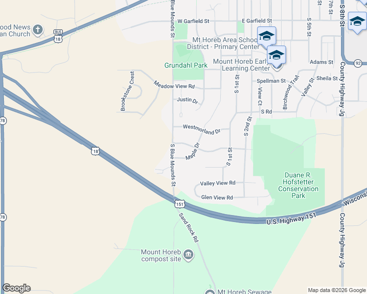 map of restaurants, bars, coffee shops, grocery stores, and more near 207 West Gonstead Road in Mount Horeb