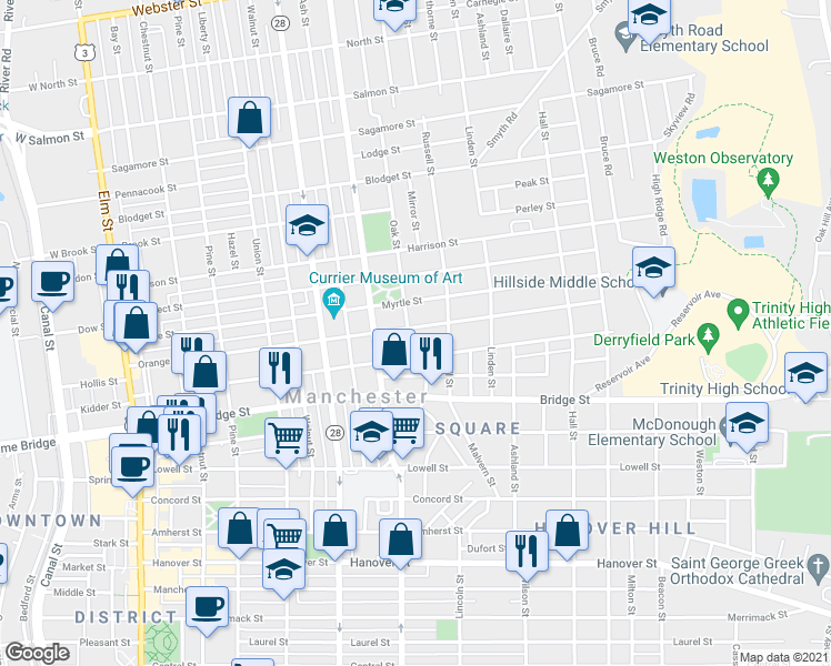 map of restaurants, bars, coffee shops, grocery stores, and more near 17 Oak Street in Manchester