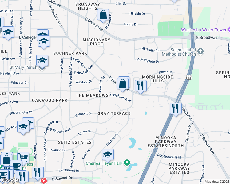 map of restaurants, bars, coffee shops, grocery stores, and more near 1308 East Wabash Avenue in Waukesha