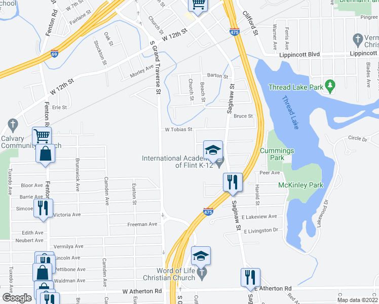 map of restaurants, bars, coffee shops, grocery stores, and more near 310 West Oakley Street in Flint