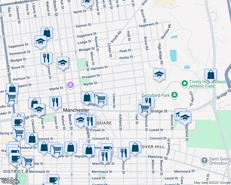 map of restaurants, bars, coffee shops, grocery stores, and more near 47 Linden Street in Manchester