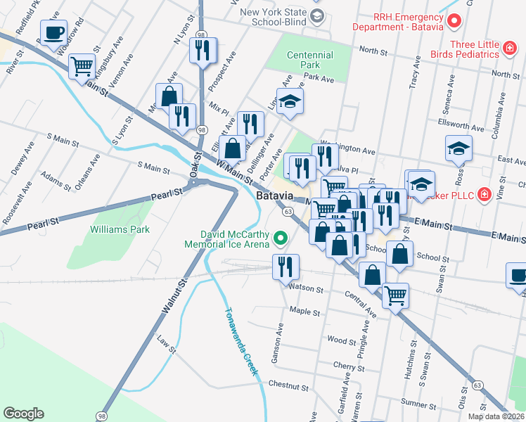 map of restaurants, bars, coffee shops, grocery stores, and more near 5-17 West Main Street in Batavia