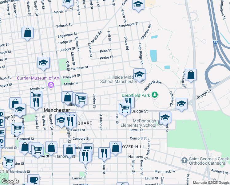 map of restaurants, bars, coffee shops, grocery stores, and more near 764 Hall Street in Manchester