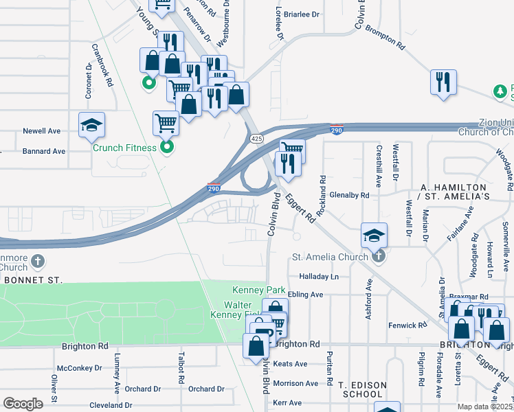 map of restaurants, bars, coffee shops, grocery stores, and more near 30 Embassy Square in Tonawanda