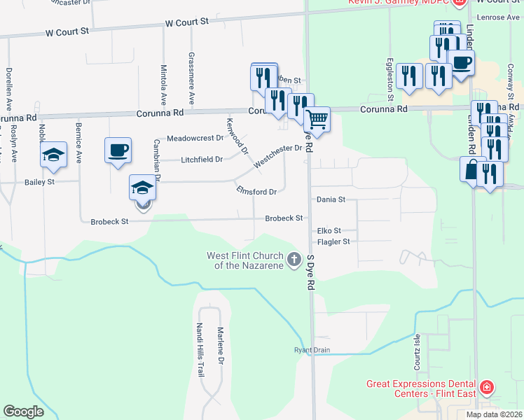 map of restaurants, bars, coffee shops, grocery stores, and more near 5340 Brobeck St in Flint Township