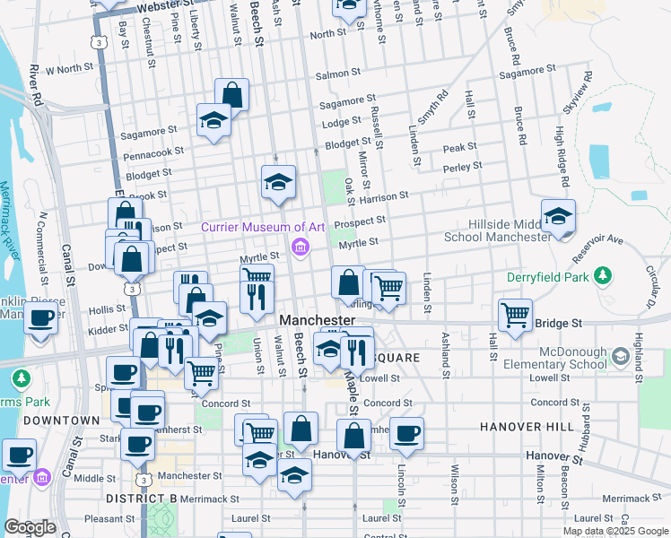 map of restaurants, bars, coffee shops, grocery stores, and more near 221 Orange Street in Manchester