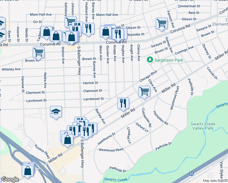 map of restaurants, bars, coffee shops, grocery stores, and more near 1702 Knapp Avenue in Flint
