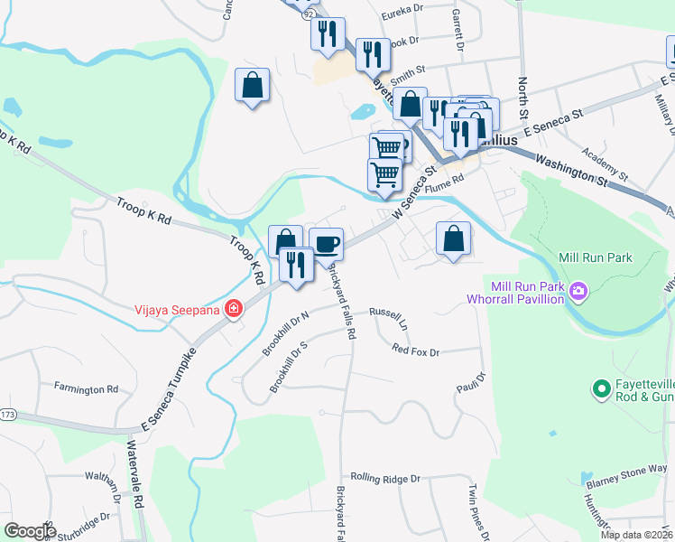 map of restaurants, bars, coffee shops, grocery stores, and more near 4664 Brickyard Falls Road in Manlius
