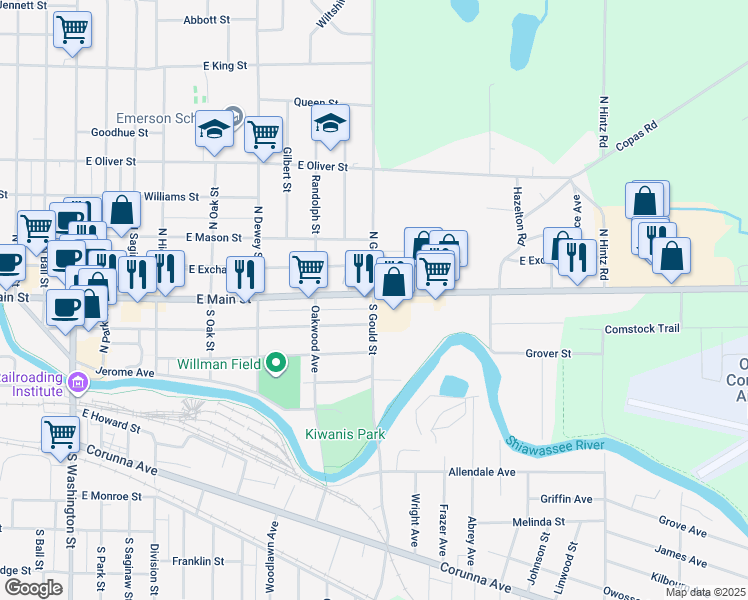 map of restaurants, bars, coffee shops, grocery stores, and more near 209 South Gould Street in Owosso