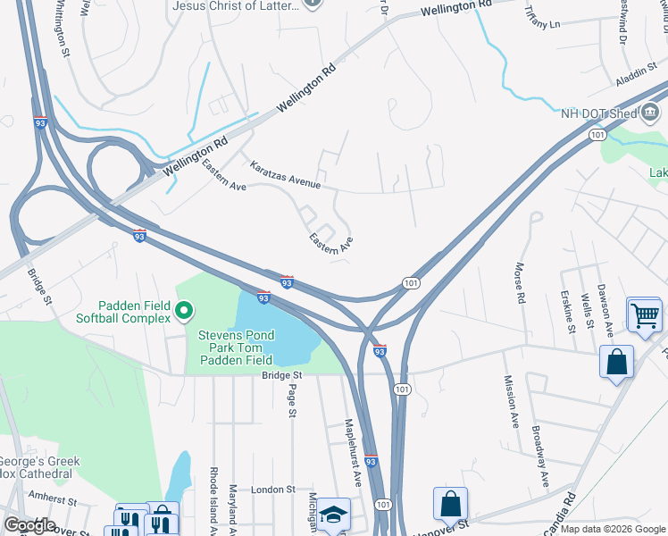 map of restaurants, bars, coffee shops, grocery stores, and more near 161 Eastern Avenue in Manchester