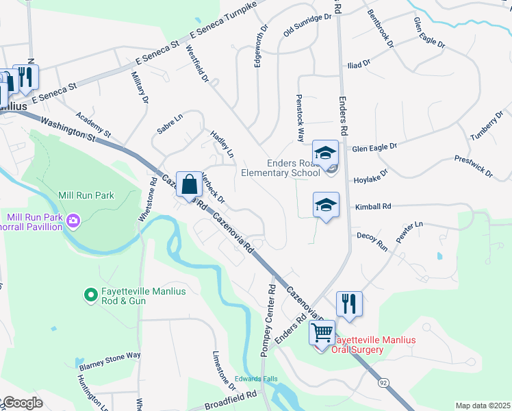 map of restaurants, bars, coffee shops, grocery stores, and more near 8135 Verbeck Drive in Manlius