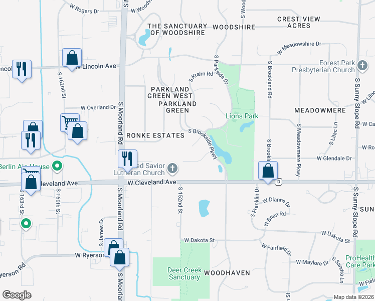 map of restaurants, bars, coffee shops, grocery stores, and more near 2595 South Parkside Court in New Berlin