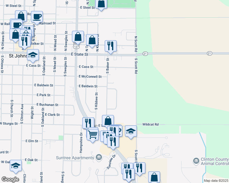 map of restaurants, bars, coffee shops, grocery stores, and more near 402 Meadowview Drive in Saint Johns