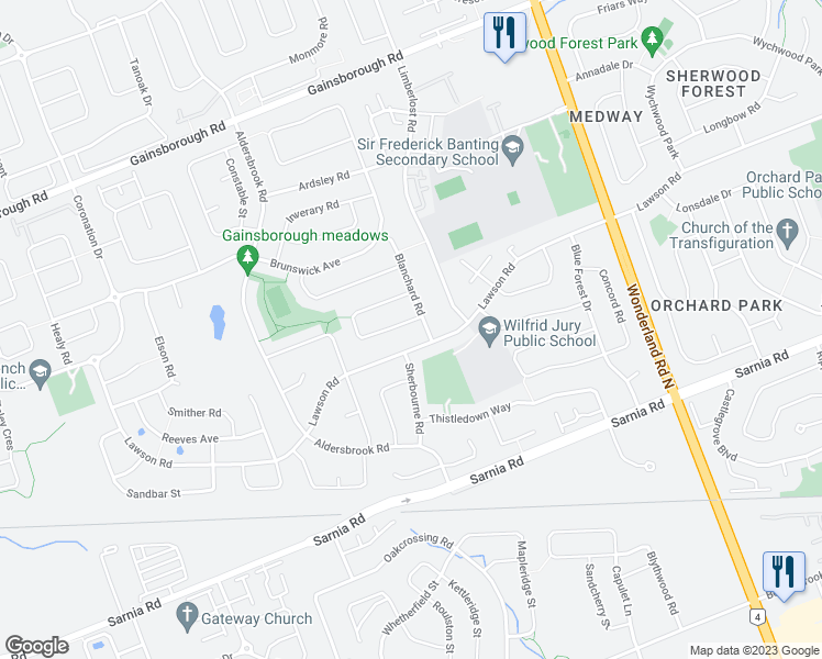 map of restaurants, bars, coffee shops, grocery stores, and more near 12 Blanchard Crescent in London