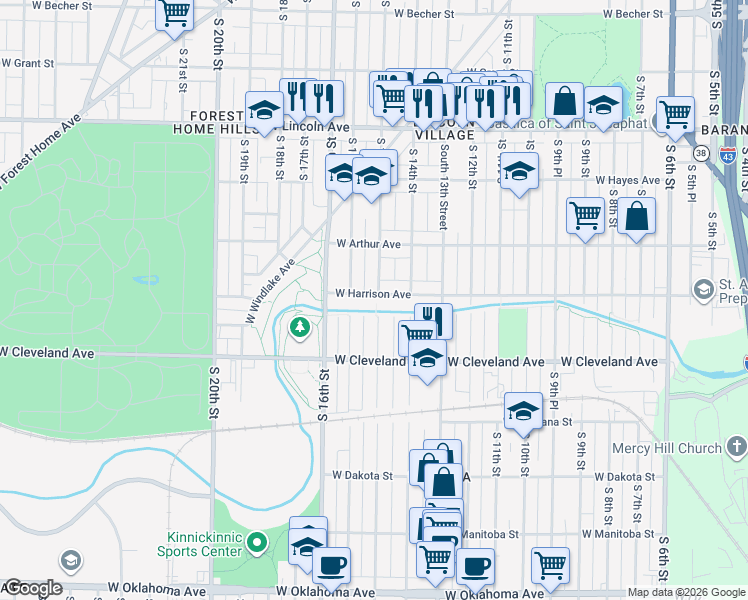 map of restaurants, bars, coffee shops, grocery stores, and more near 2605 South 15th Street in Milwaukee