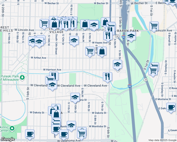 map of restaurants, bars, coffee shops, grocery stores, and more near 2605A South 9th Street in Milwaukee