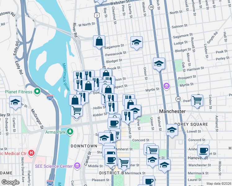 map of restaurants, bars, coffee shops, grocery stores, and more near 32 Myrtle Street in Manchester
