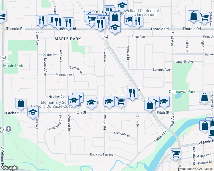 map of restaurants, bars, coffee shops, grocery stores, and more near in Welland