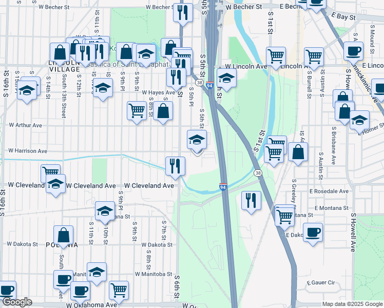 map of restaurants, bars, coffee shops, grocery stores, and more near 2602 South 5th Place in Milwaukee