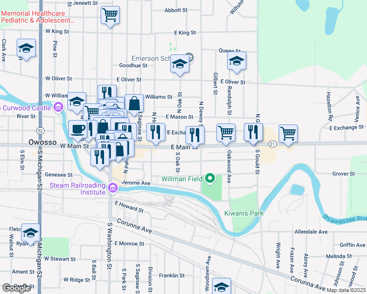 map of restaurants, bars, coffee shops, grocery stores, and more near 509 East Main Street in Owosso