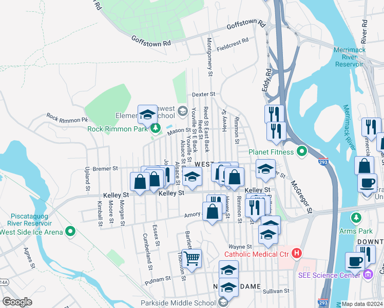 map of restaurants, bars, coffee shops, grocery stores, and more near 197 Youville Street in Manchester