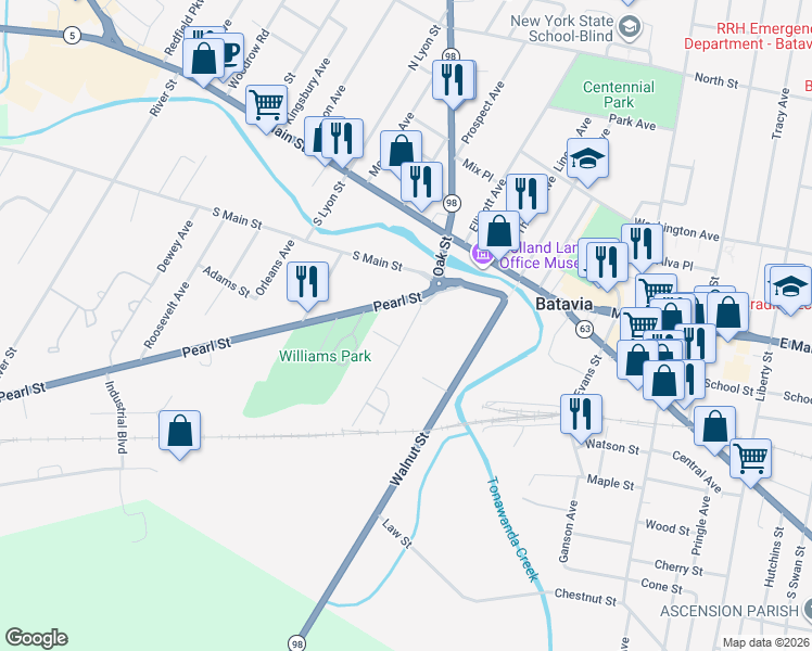 map of restaurants, bars, coffee shops, grocery stores, and more near 14 Franklin Street in Batavia