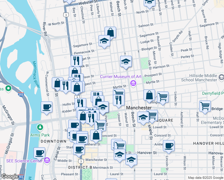 map of restaurants, bars, coffee shops, grocery stores, and more near 143 Myrtle Street in Manchester