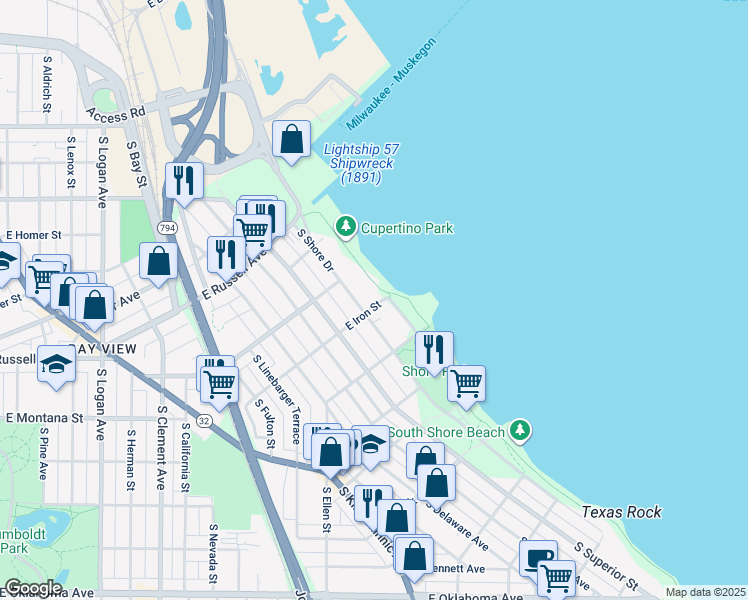 map of restaurants, bars, coffee shops, grocery stores, and more near 2020 East Iron Street in Milwaukee
