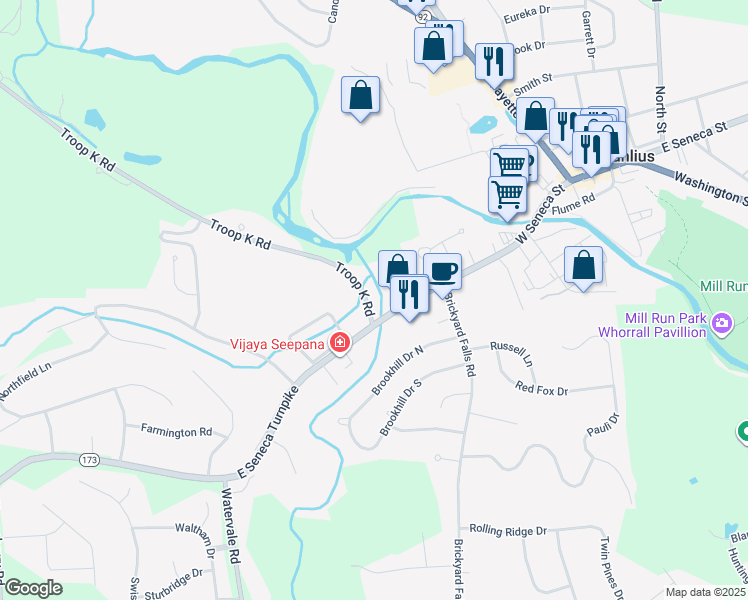 map of restaurants, bars, coffee shops, grocery stores, and more near 185 West Seneca Street in Manlius