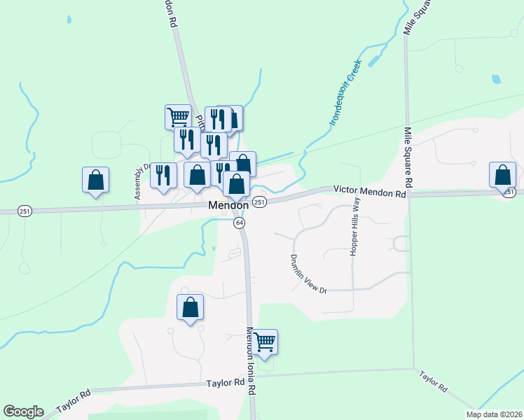 map of restaurants, bars, coffee shops, grocery stores, and more near 13 Victor Mendon Road in Mendon
