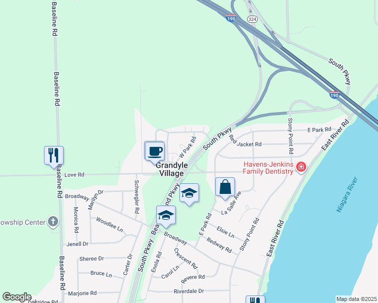 map of restaurants, bars, coffee shops, grocery stores, and more near 57 West Park Road in Grand Island