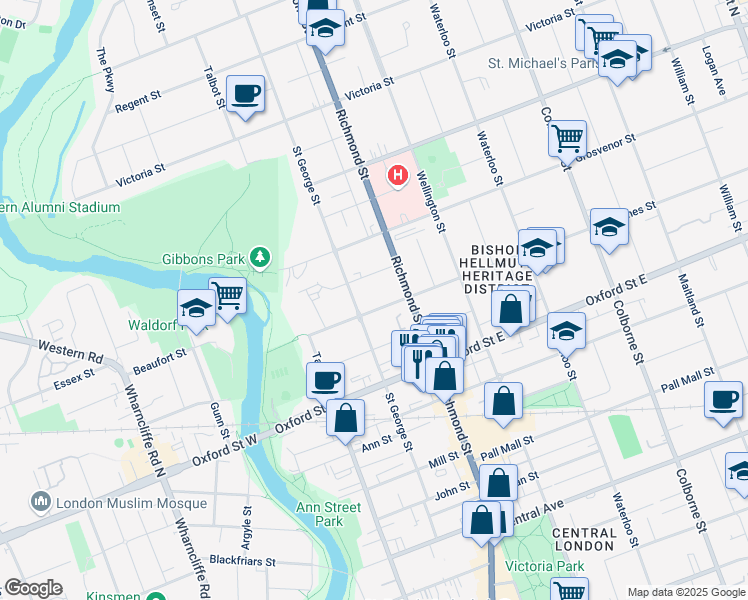 map of restaurants, bars, coffee shops, grocery stores, and more near 236 Saint George Street in London