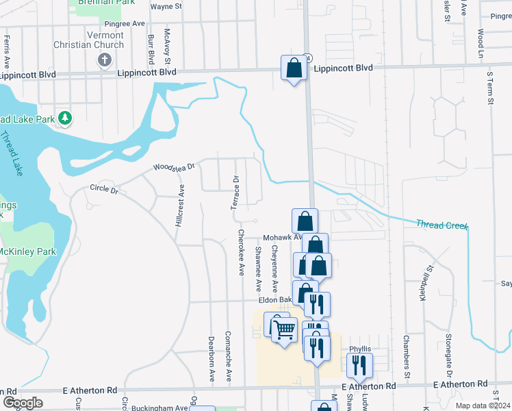 map of restaurants, bars, coffee shops, grocery stores, and more near 2709 Terrace Drive in Flint