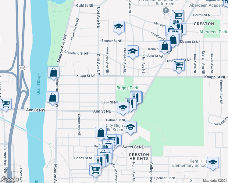 map of restaurants, bars, coffee shops, grocery stores, and more near 1915 Lafayette Avenue Northeast in Grand Rapids