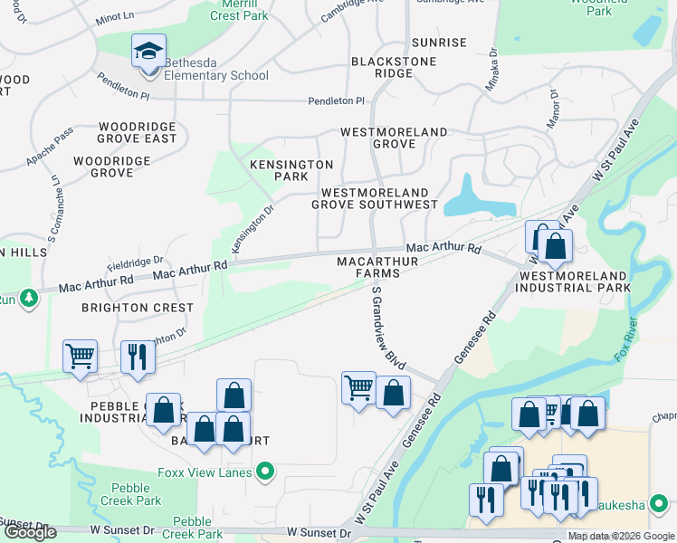 map of restaurants, bars, coffee shops, grocery stores, and more near 2321 Mac Arthur Road in Waukesha