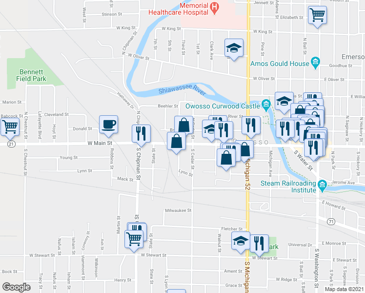 map of restaurants, bars, coffee shops, grocery stores, and more near 819 West Main Street in Owosso