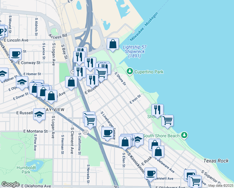 map of restaurants, bars, coffee shops, grocery stores, and more near 1710 East Pryor Avenue in Milwaukee