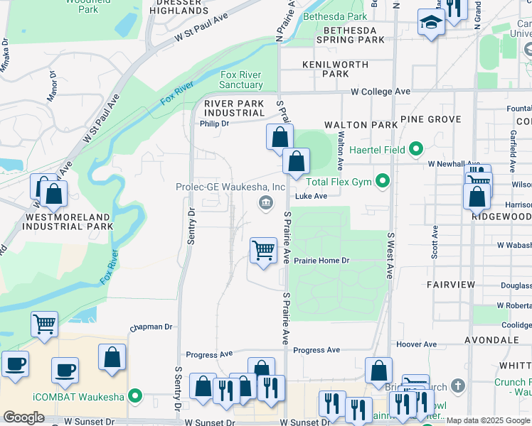 map of restaurants, bars, coffee shops, grocery stores, and more near 400 South Prairie Avenue in Waukesha
