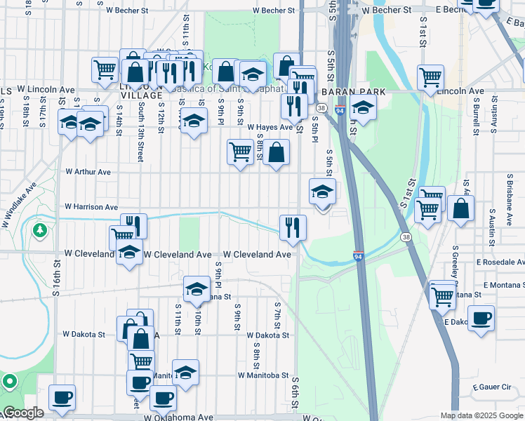 map of restaurants, bars, coffee shops, grocery stores, and more near 2600 South 8th Street in Milwaukee