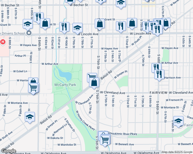 map of restaurants, bars, coffee shops, grocery stores, and more near 2575 South 76th Street in West Allis
