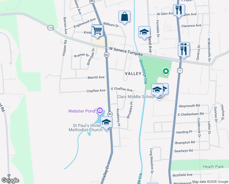 map of restaurants, bars, coffee shops, grocery stores, and more near 106 Academy Place in Syracuse