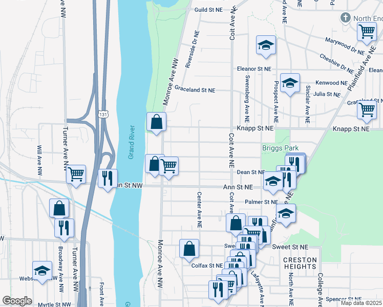 map of restaurants, bars, coffee shops, grocery stores, and more near 25 Burr Oak Street Northeast in Grand Rapids