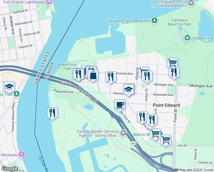 map of restaurants, bars, coffee shops, grocery stores, and more near 221 Michigan Avenue in Point Edward
