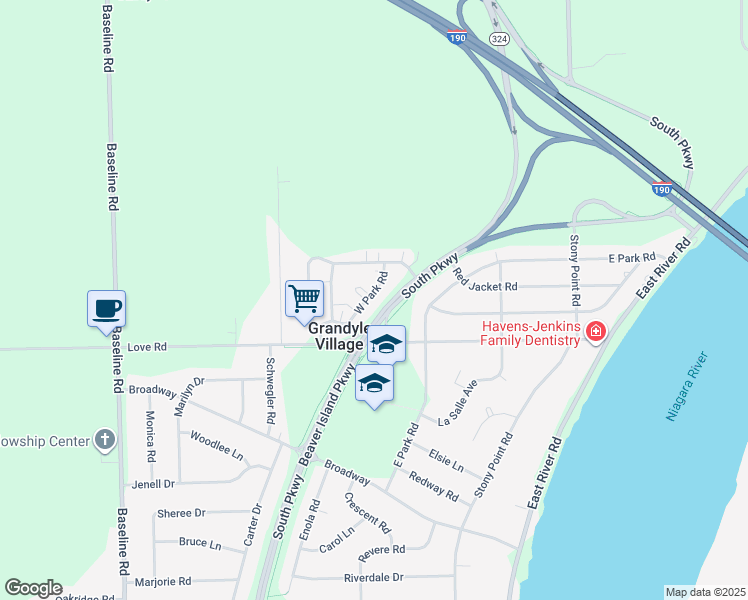 map of restaurants, bars, coffee shops, grocery stores, and more near 57 West Park Road in Grand Island