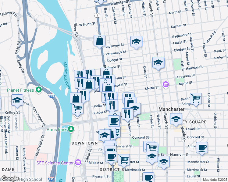 map of restaurants, bars, coffee shops, grocery stores, and more near 32 Myrtle Street in Manchester