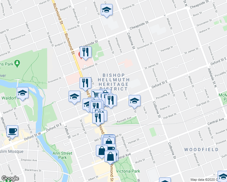 map of restaurants, bars, coffee shops, grocery stores, and more near 783 Hellmuth Avenue in London