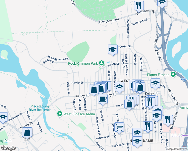 map of restaurants, bars, coffee shops, grocery stores, and more near 228 Boutwell Street in Manchester